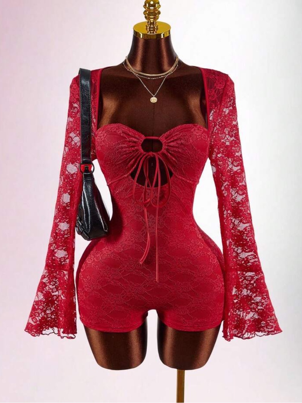 Red Lace Tie-Front Romper with Bell Sleeves